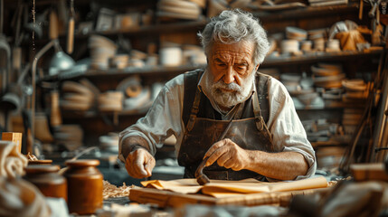 A shoemaker working with leather textile and hammer at a workshop.