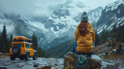 A woman traveler sitting on hatchback car with mountain background - obrazy, fototapety, plakaty