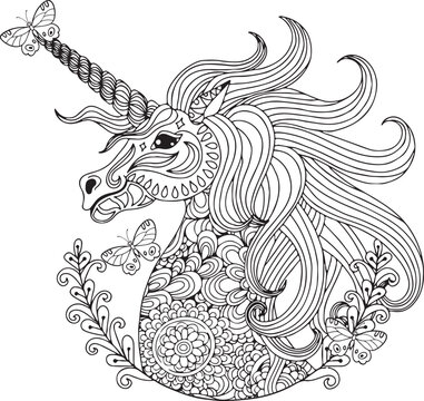 unicorn mandala coloring page for adult, pony magical outline for t-shirt. zentangle animal mandala coloring page
