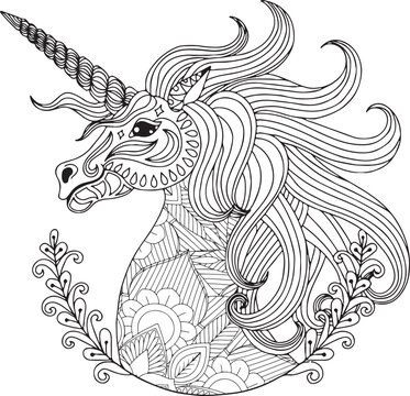 unicorn mandala coloring page for adult, pony magical outline for t-shirt. zentangle animal mandala coloring page

