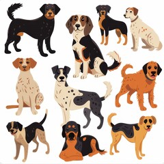 Clipart illustration featuring various dogs on a white background