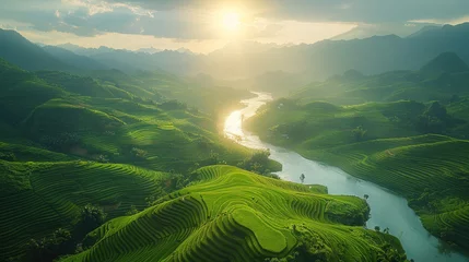 Crédence de cuisine en verre imprimé Mu Cang Chai Aerial view of Rice fields on terraced of Mu Cang Chai, Vietnam