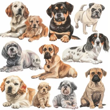 Clipart illustration featuring various dogs on a white background
