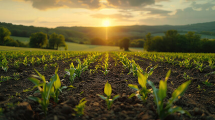 Agriculture, Green field with young corn at sunset.