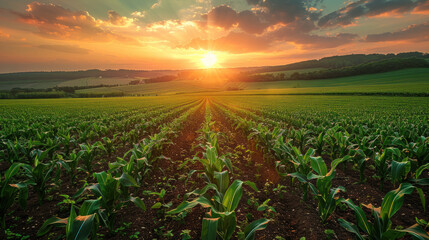 Agriculture, Green field with young corn at sunset.
