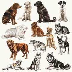 Naklejka premium Clipart illustration featuring various dogs on a white background