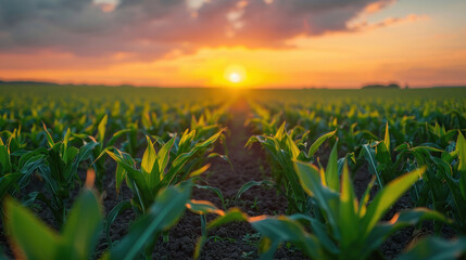 Agriculture, Green field with young corn at sunset.