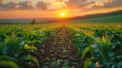 Agriculture, Green field with young corn at sunset.