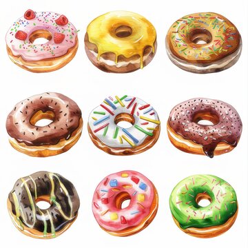 Clipart illustration with various types of donuts on a white background.