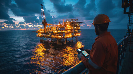 An operator recording operation of oil and gas process at oil and rig plant, offshore oil and gas industry, offshore oil and rig in the sea. - obrazy, fototapety, plakaty
