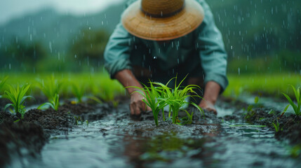 Asian farmer grow rice in the rainy season. They were soaked with water and mud to be prepared for planting.