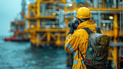 An operator recording operation of oil and gas process at oil and rig plant, offshore oil and gas industry, offshore oil and rig in the sea. - obrazy, fototapety, plakaty