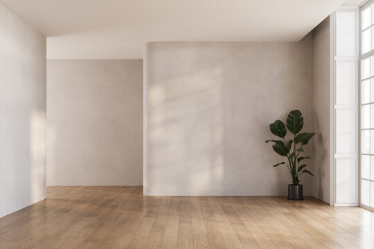 Modern contemporary loft empty room with beige tones wall. The Room has , parquet floor, plant, window.