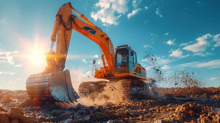 Foto op Canvas Big excavator in construction site on blue sky background. © tong2530