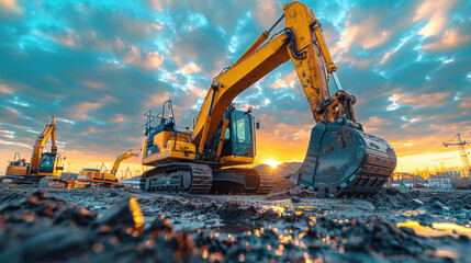 Big excavator in construction site on blue sky background.