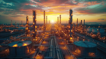 Big industrial oil tanks in a refinery base plant at sunset. - obrazy, fototapety, plakaty