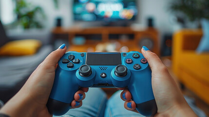 Close up hand of gaming game play tv fun gamer gamepad guy controller video console playing player holding hobby playful enjoyment view concept.