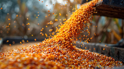 Close up of Pouring corn grain into tractor trailer after harvest. - obrazy, fototapety, plakaty