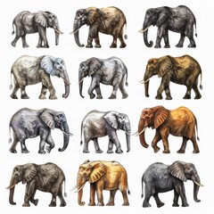 Fototapeta premium Clipart illustration with several elephants on a white background.