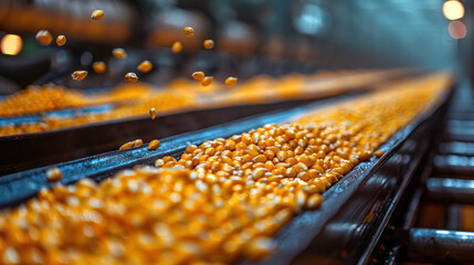 Fototapeta premium Corn cob on production line in a food industry. Agricultural products