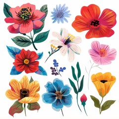 A clipart illustration with various types of flowers on a white background.