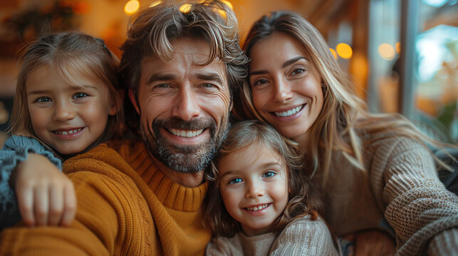 Family, Smiling father holding cellphone, making selfie shot, recording video with happy wife and little kids siblings. Excited parents looking at mobile screen with kids.