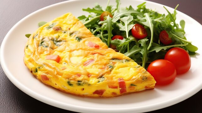Savor the flavors: Frittata paired with vibrant tomato salad, elegantly displayed on a pristine white background.
