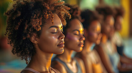 Group of women sitting with their eyes closed and practicing breathing exercises during a restorative yoga meditation class - Powered by Adobe