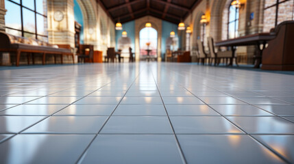White tile floor background in perspective view, For decoration in bathroom, kitchen and laundry room.