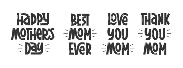 Happy Mothers Day Festive Phrases Collection. Vector Hand Lettering Set. Congratulation for Mother. Hand Written Text Quote Isolated on White.