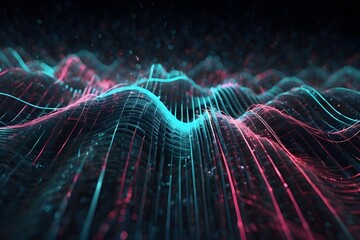 Sound Wave Vizualisation concept. Music audio frequencies represented as High Tech Futuristic Particle Waves. Abstract background. 3D render  Generative AI