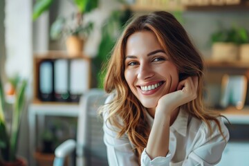 Fototapeta premium Smiling woman sitting at her desk in office. Happy business woman sitting in office