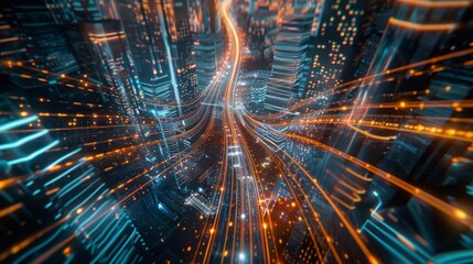 A city with bright blue and orange city lights. The speed of light. The background theme is digital technology, the spread of information, the speed of modern development. Created with Generative AI.