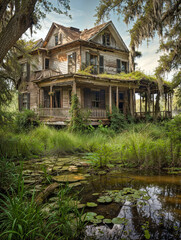 Fototapeta na wymiar Abandoned Overgrown Dilapidated House At Swamp's Edge