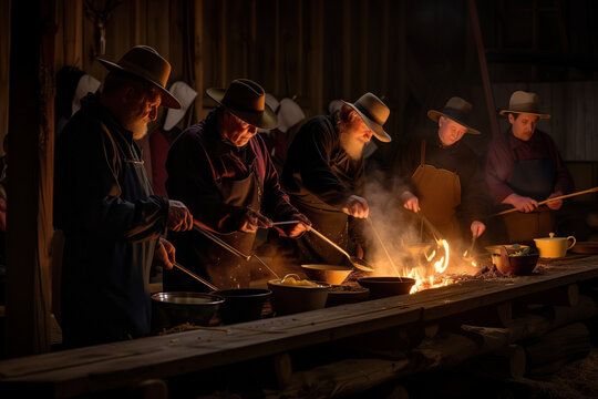 Traditional Amish Family Cooking Meal Together Over Open Fire at Night
