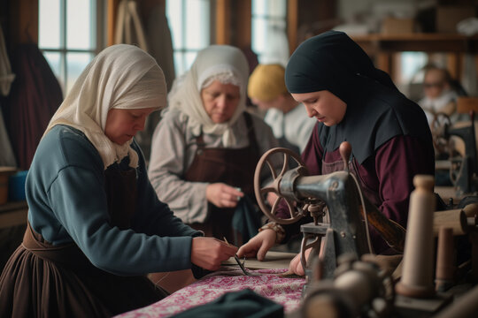 Traditional Sewing Circle with Women Working Together at Vintage Sewing Machines
