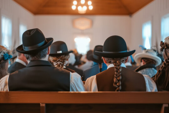 Amish Community Members in Traditional Attire Attending a Service