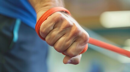 The closeup of a patients hand attached to a resistance band as they pull and stretch in various directions to improve strength and flexibility.
