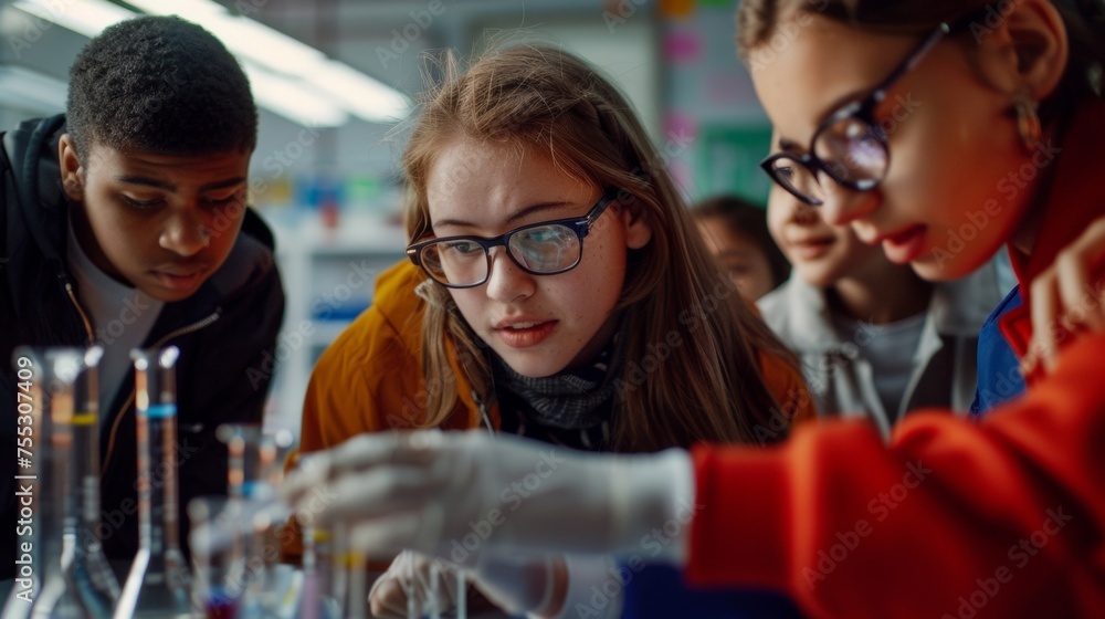 Poster a teacher and their students gather around a lab table eagerly discussing and collaborating on a han