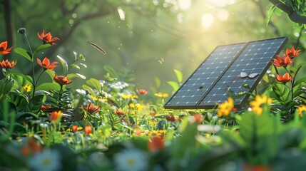 Solar panel cells, isolated realistic solar panel with plants surrounding it with a green background