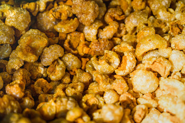 Pork caps or Cap Moo on a food stall at Thung Kwian Market in Lampang Province