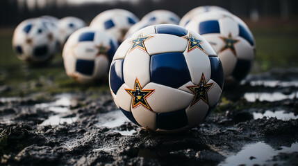 Colorful soccer balls on the floor, football background image