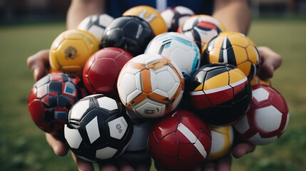 Colorful soccer balls on the hand, football background image