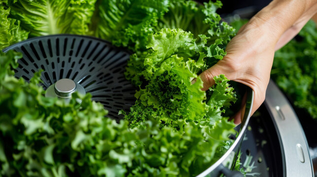 A hand holding the crank of the salad spinner as its being used to dry lettuce.