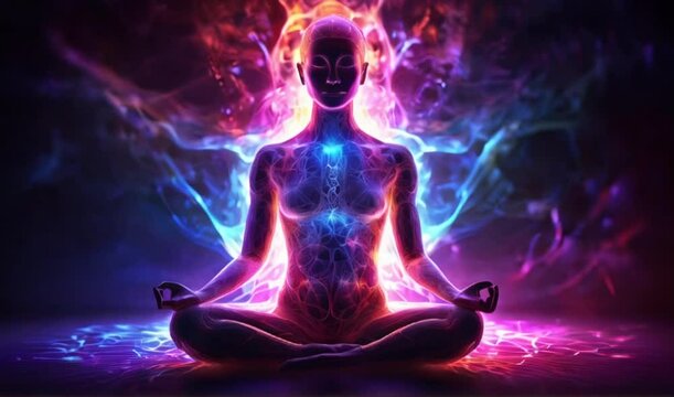 person in yoga pose, spiritual medition with lights moving around the body generative AI