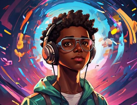 Illustration of a dark skin kid wearing headphone and green hoodie dj in action generative AI