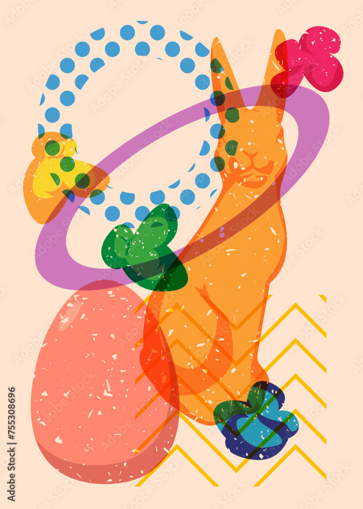 Poster risograph easter egg and bunny with geometric shapes. objects in trendy riso graph print texture sty