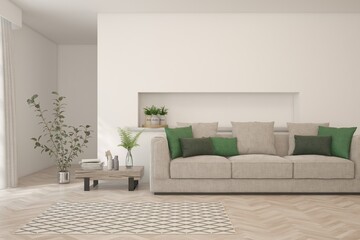 White living room with sofa. Scandinavian interior design. 3D illustration