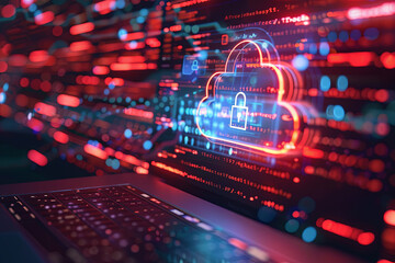 A cloud icon with a padlock on a computer screen for cyber security