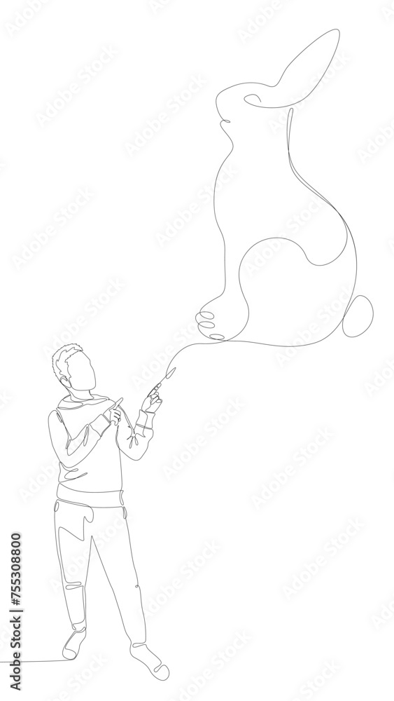 Aufkleber one continuous line of man pointing with finger at rabbit. thin line illustration vector concept. co